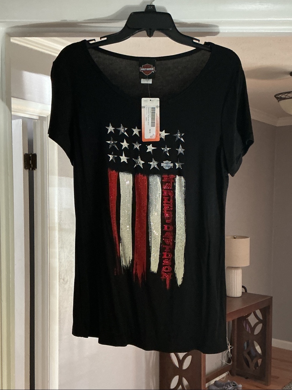 Harley-Davidson Black Short-Sleeve Tee with Red and Silver Sequin Flag
